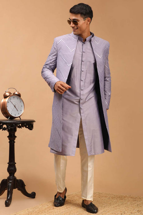Buy Men's Purple And Cream Viscose Mirror Work Embroidered Sherwani Set Online