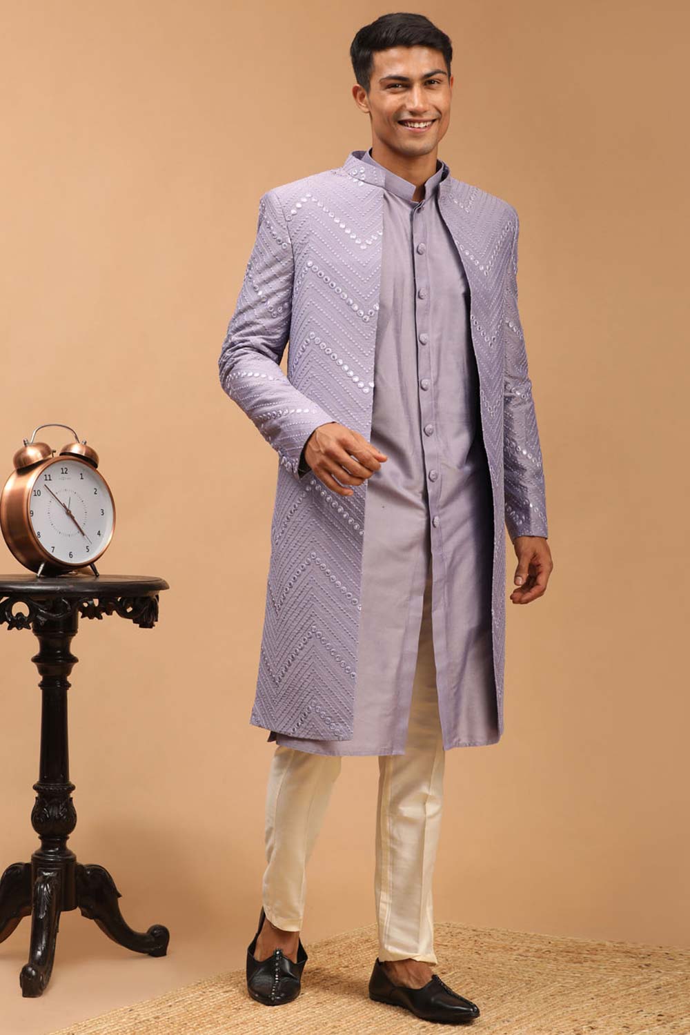 Buy Men's Purple And Cream Viscose Mirror Work Embroidered Sherwani Set Online - Back