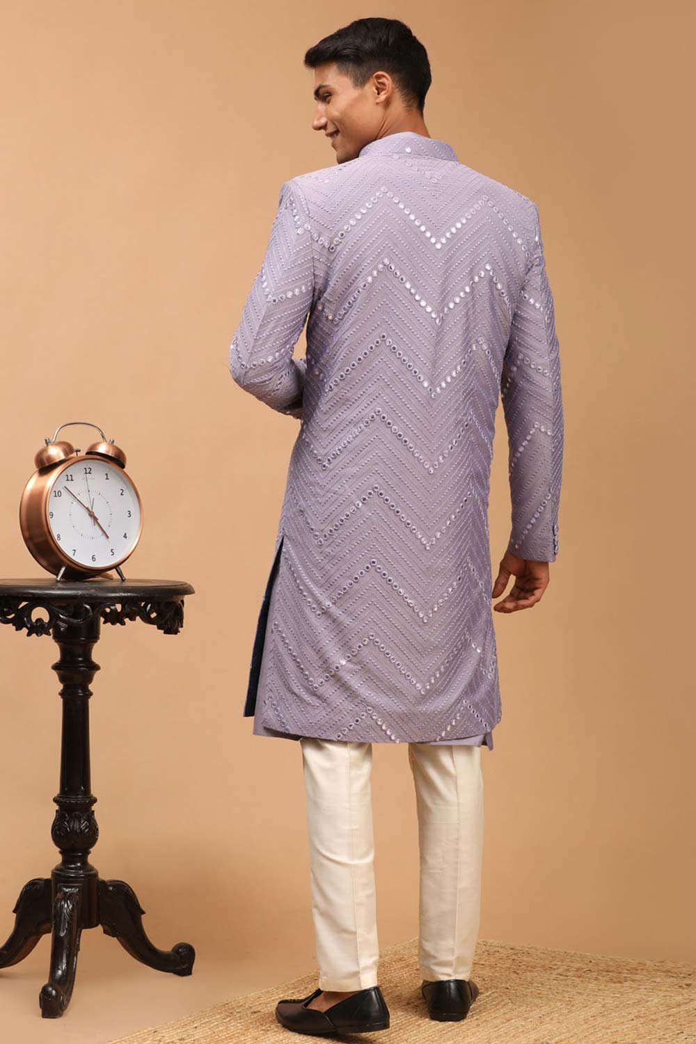 Buy Men's Purple And Cream Viscose Mirror Work Embroidered Sherwani Set Online - Front