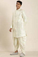 Men's Cream-Colored Silk Blend Mirror Work Indo Western Sherwani Set