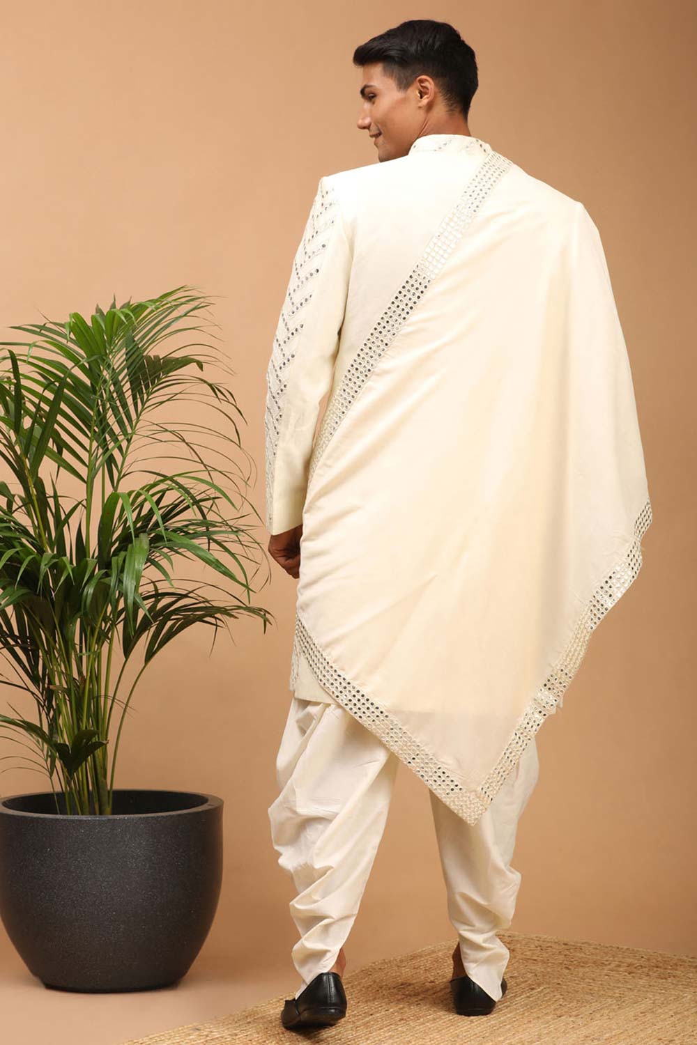 Buy Men's Cream Silk Blend Mirror Work Embroidered Sherwani Set With Dupatta Online - Front