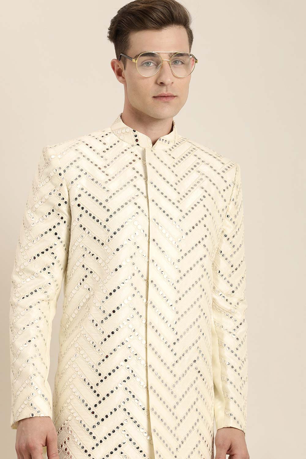 Buy Men's Cream Silk Blend Mirror Work Embroidered Sherwani Set Online