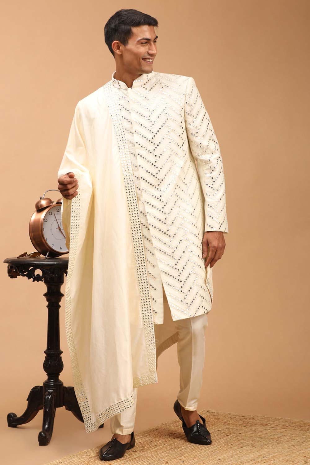 Buy Men's Cream Silk Blend Mirror Work Embroidered Sherwani Set With Dupatta Online