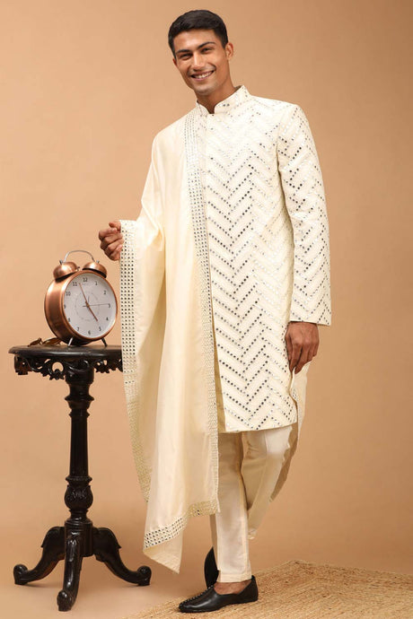 Buy Men's Cream Silk Blend Mirror Work Embroidered Sherwani Set With Dupatta Online - Back