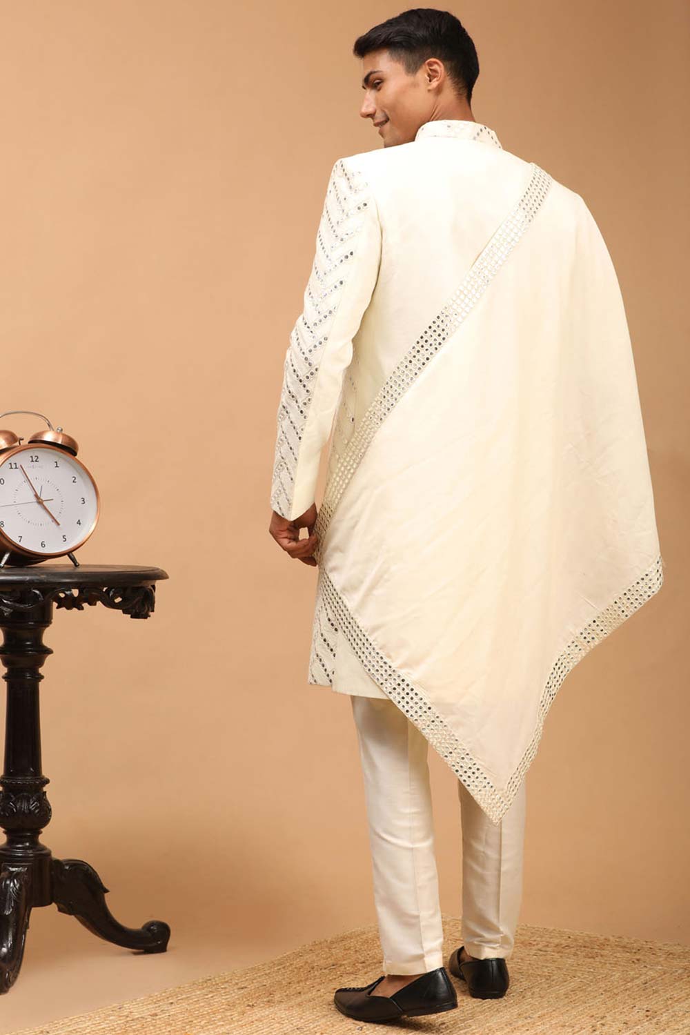 Buy Men's Cream Silk Blend Mirror Work Embroidered Sherwani Set With Dupatta Online - Front