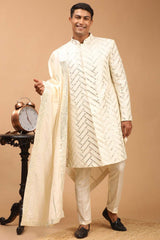 Buy Men's Cream Silk Blend Mirror Work Embroidered Sherwani Set With Dupatta Online