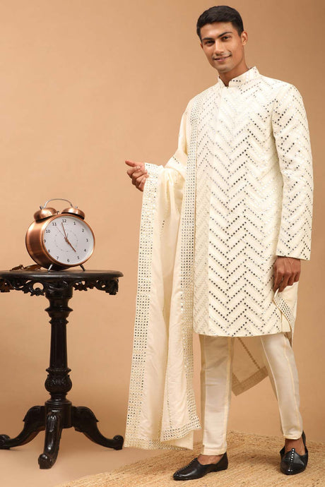 Buy Men's Cream Silk Blend Mirror Work Embroidered Sherwani Set With Dupatta Online - Back