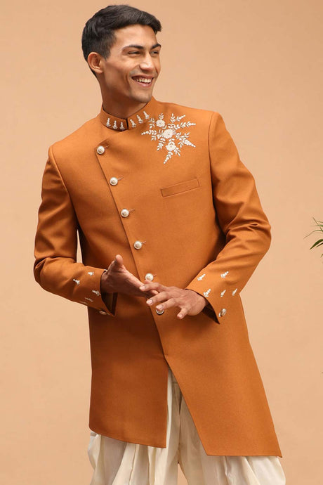 Buy Men's Mustard Silk Blend pearl Embroidered Sherwani Top Only Online
