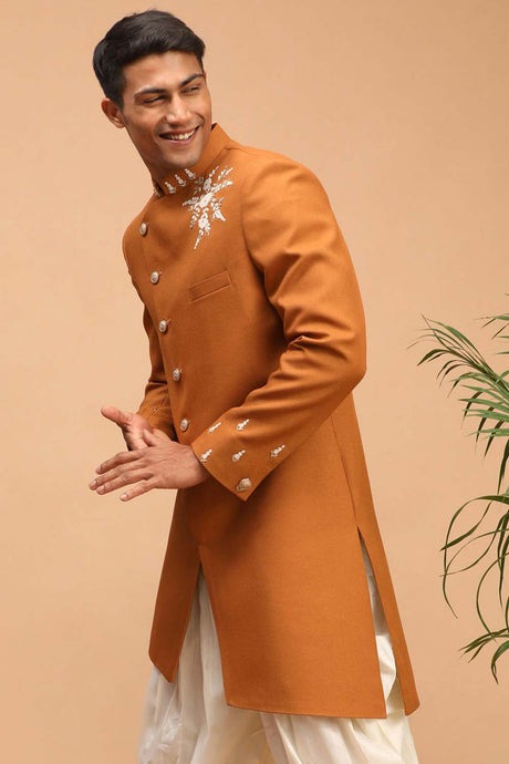 Buy Men's Mustard Silk Blend pearl Embroidered Sherwani Top Only Online - Back