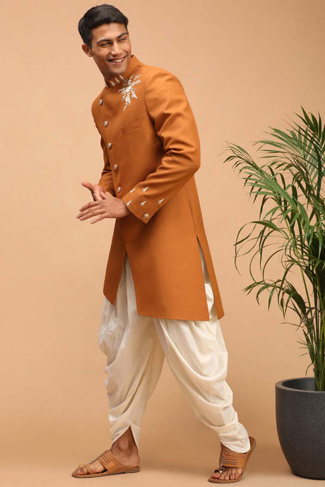 Buy Men's Mustard And Cream Silk Blend pearl Embroidered Sherwani Set Online - Back