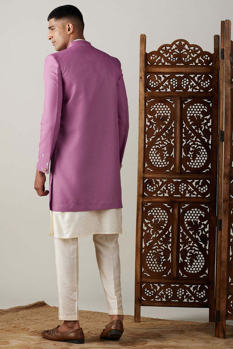 Men's Purple And Cream Viscose Sherwani Set