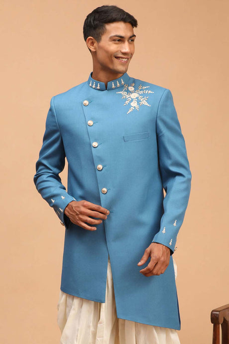 Buy Men's Turquoise Silk Blend pearl Embroidered Sherwani Top Only Online