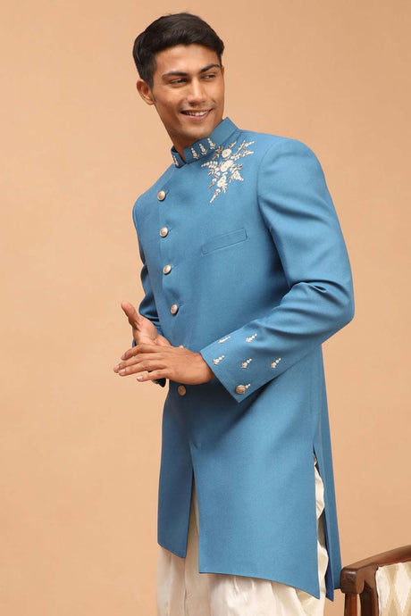 Buy Men's Turquoise Silk Blend pearl Embroidered Sherwani Top Only Online - Back