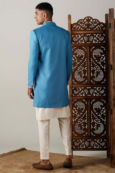Men's Turquoise And Cream Viscose Sherwani Set