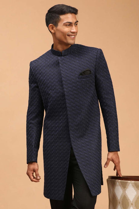 Buy Men's Navy Blue Silk Blend Self Woven Design Sherwani Top Only Online