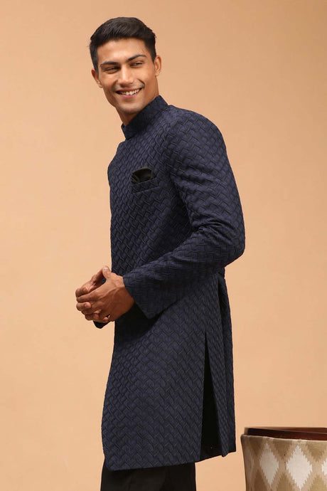 Buy Men's Navy Blue Silk Blend Self Woven Design Sherwani Top Only Online - Back