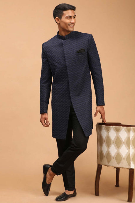 Buy Men's Navy Blue And Black Silk Blend Self Woven Design Sherwani Set Online