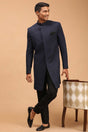 Buy Men's Navy Blue And Black Silk Blend Self Woven Design Sherwani Set Online