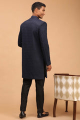 Buy Men's Navy Blue And Black Silk Blend Self Woven Design Sherwani Set Online - Front