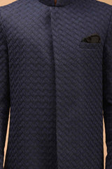 Buy Men's Navy Blue And Black Silk Blend Self Woven Design Sherwani Set Online - Side