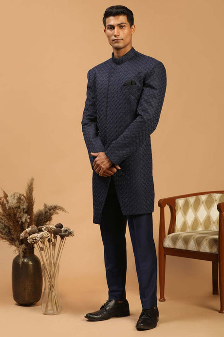 Buy Men's Navy Blue Silk Blend Self Woven Design Sherwani Set Online