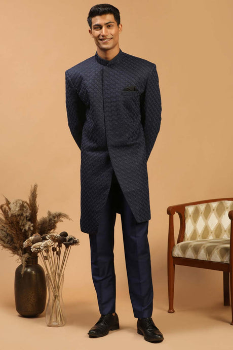 Buy Men's Navy Blue Silk Blend Self Woven Design Sherwani Set Online - Back