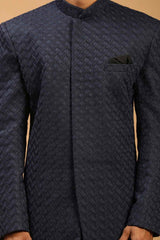 Buy Men's Navy Blue Silk Blend Self Woven Design Sherwani Set Online - Side