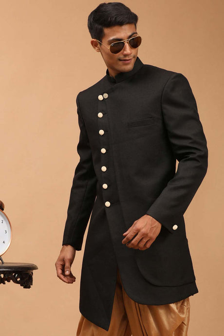 Men's Black Cotton Blend Sherwani Only Top