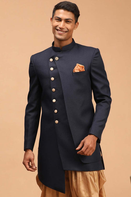 Men's Navy Blue Cotton Blend Sherwani Only Top