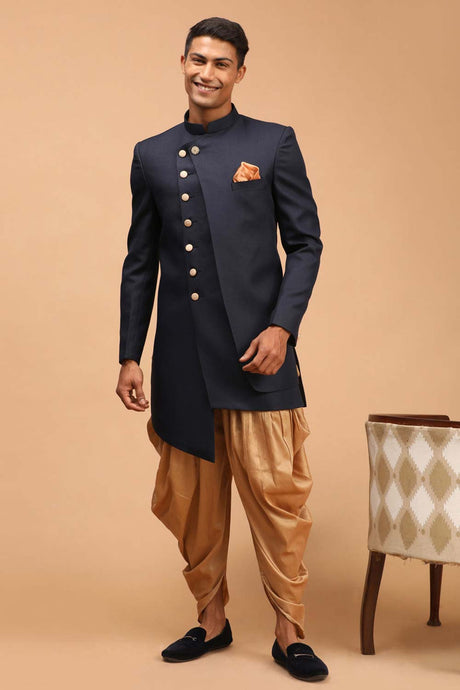 Men's Navy Blue And Rose Gold Cotton Blend Sherwani Set