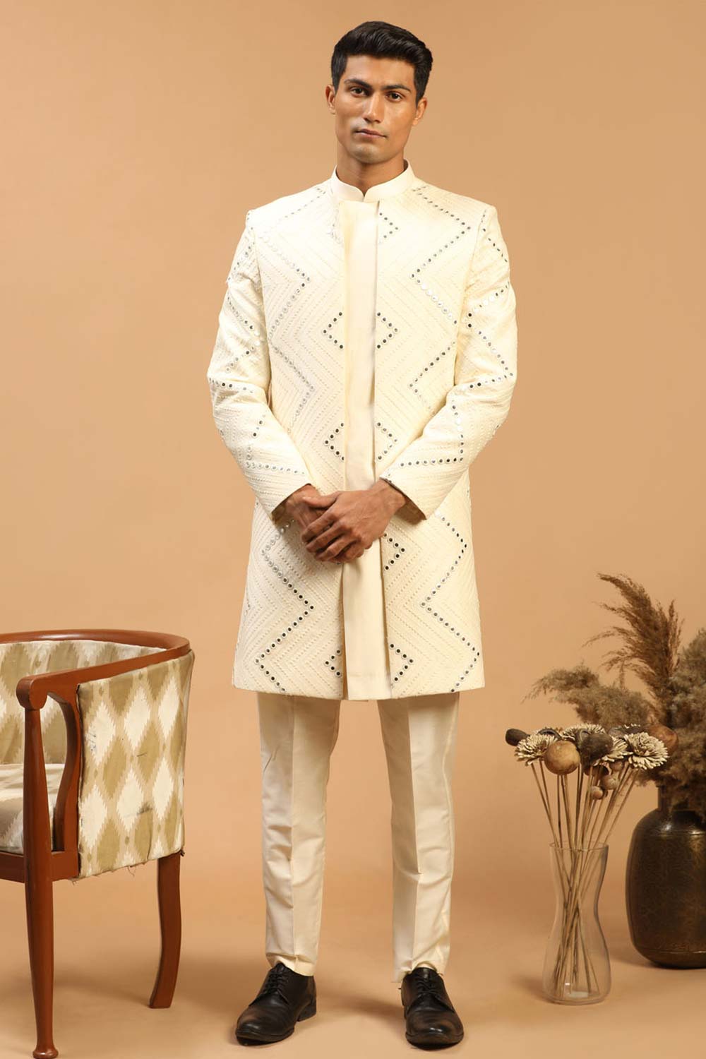 Buy Men's Cream Viscose Mirror Work Embroidered Sherwani Set Online