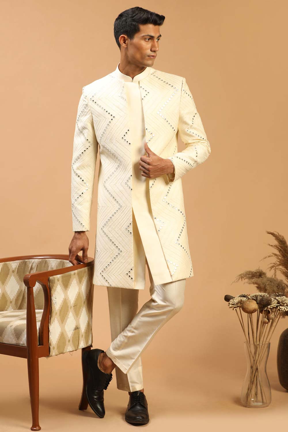 Buy Men's Cream Viscose Mirror Work Embroidered Sherwani Set Online - Back