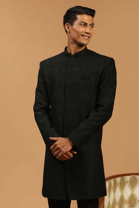 Buy Men's Black Silk Blend Self Woven Design Sherwani Top Only Online