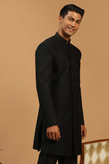Buy Men's Black Silk Blend Self Woven Design Sherwani Top Only Online - Back