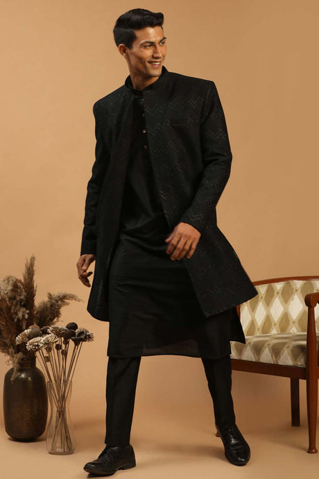 Buy Men's Black Viscose Self Woven Design Sherwani Set Online