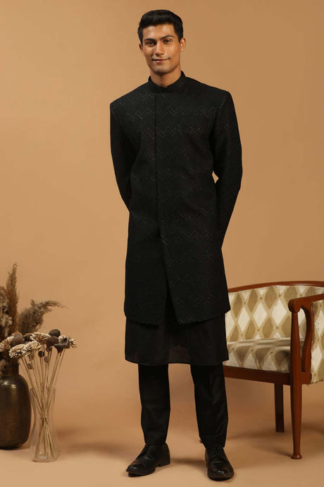 Buy Men's Black Viscose Self Woven Design Sherwani Set Online - Back