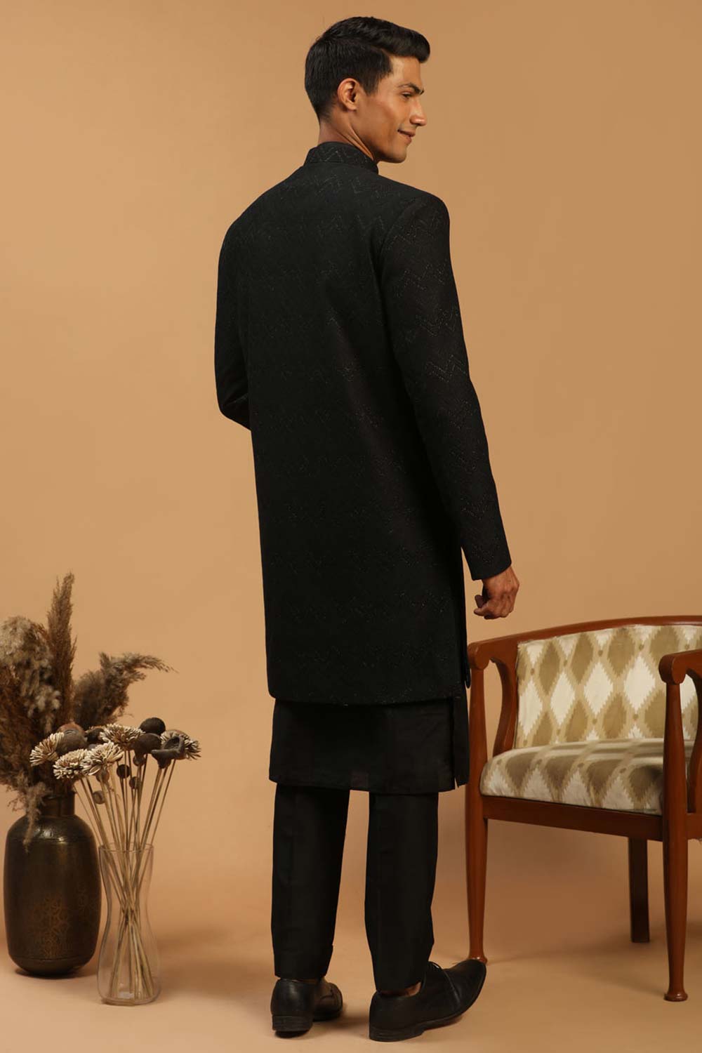Buy Men's Black Viscose Self Woven Design Sherwani Set Online - Front