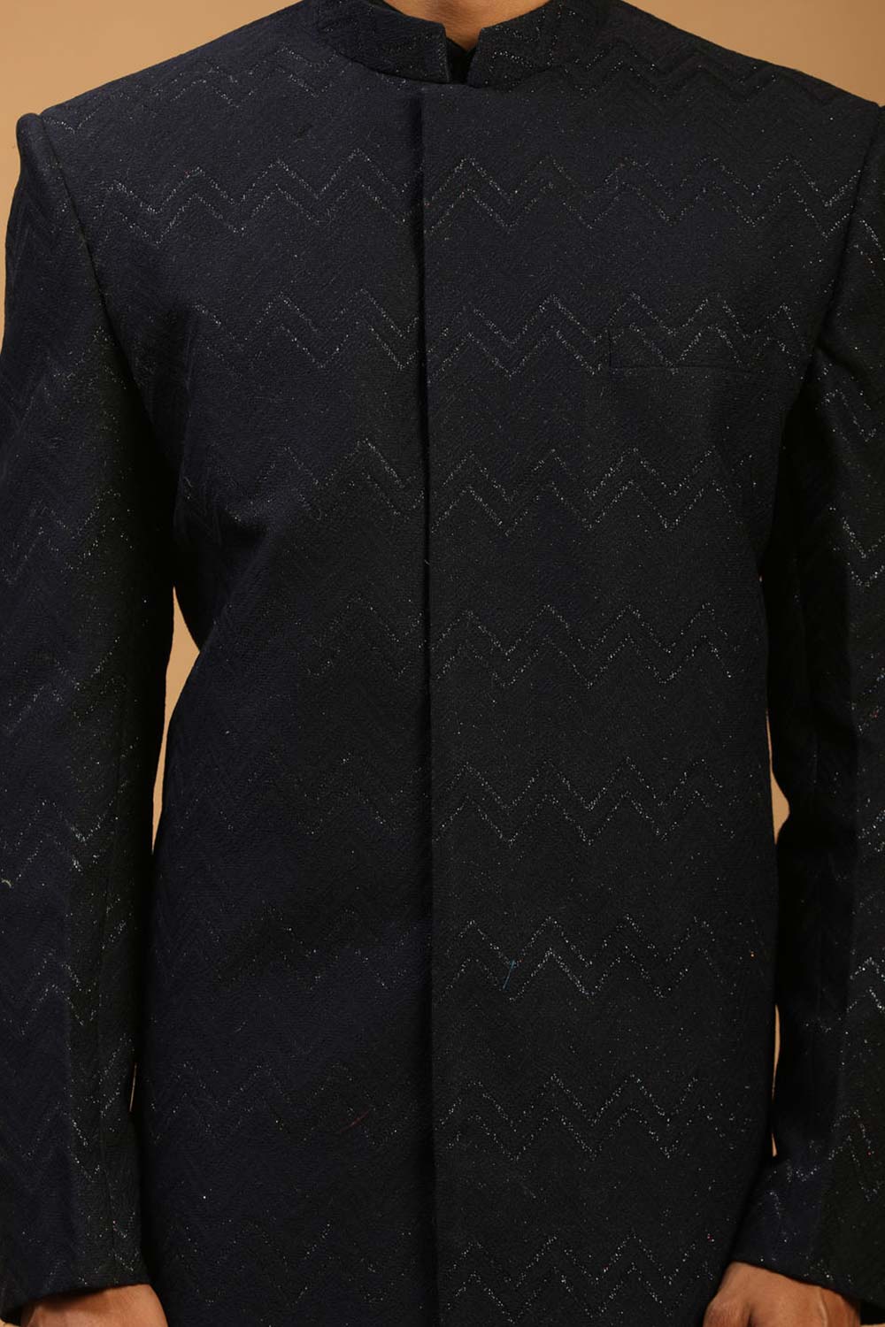 Buy Men's Black Viscose Self Woven Design Sherwani Set Online - Side