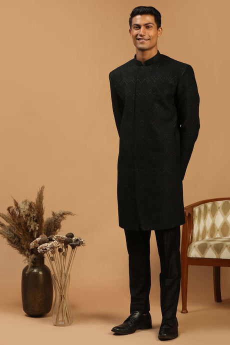 Buy Men's Black Silk Blend Self Woven Design Sherwani Set Online