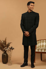 Buy Men's Black Silk Blend Self Woven Design Sherwani Set Online - Back