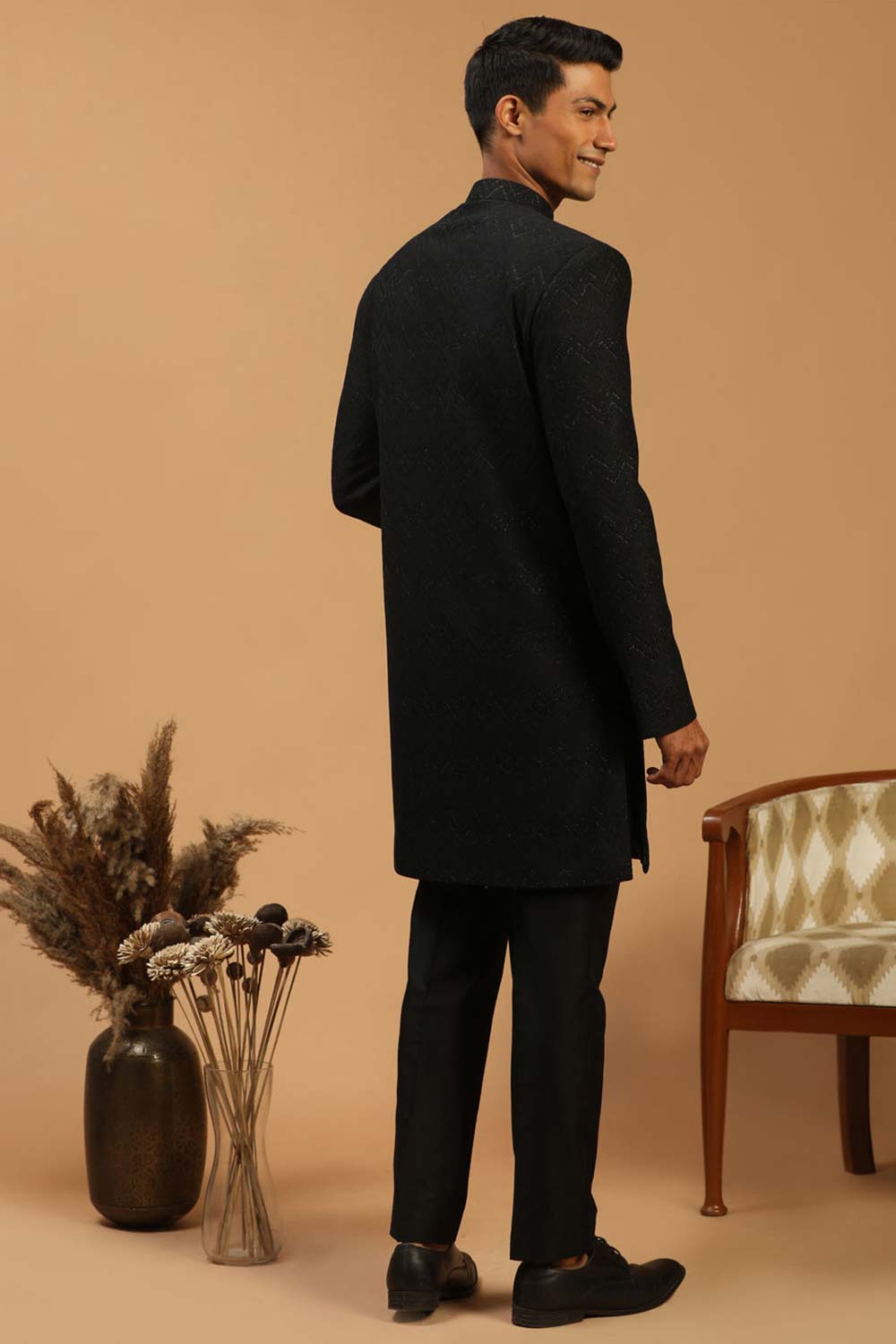 Buy Men's Black Silk Blend Self Woven Design Sherwani Set Online - Front