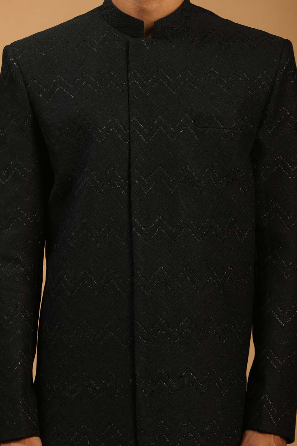 Buy Men's Black Silk Blend Self Woven Design Sherwani Set Online - Side