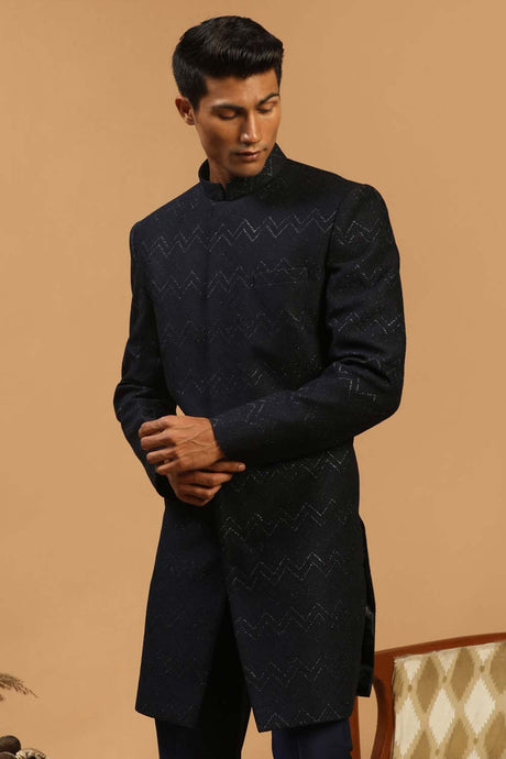 Buy Men's Navy Blue Silk Blend Self Woven Design Sherwani Top Only Online - Back