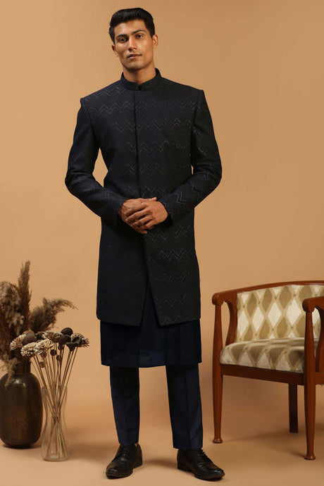 Buy Men's Navy Blue Viscose Self Woven Design Sherwani Set Online