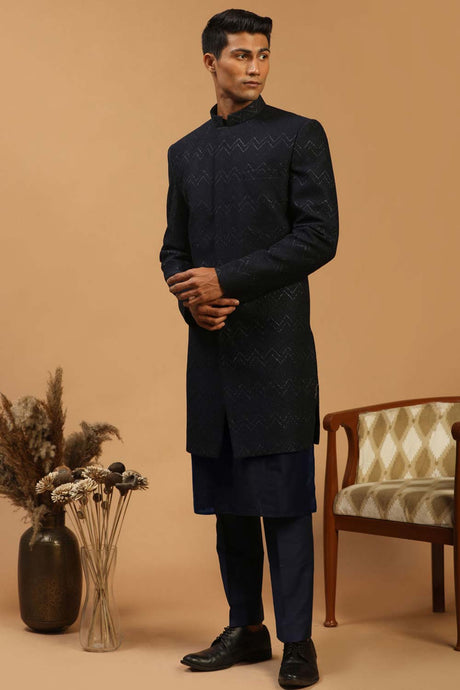 Buy Men's Navy Blue Viscose Self Woven Design Sherwani Set Online - Back