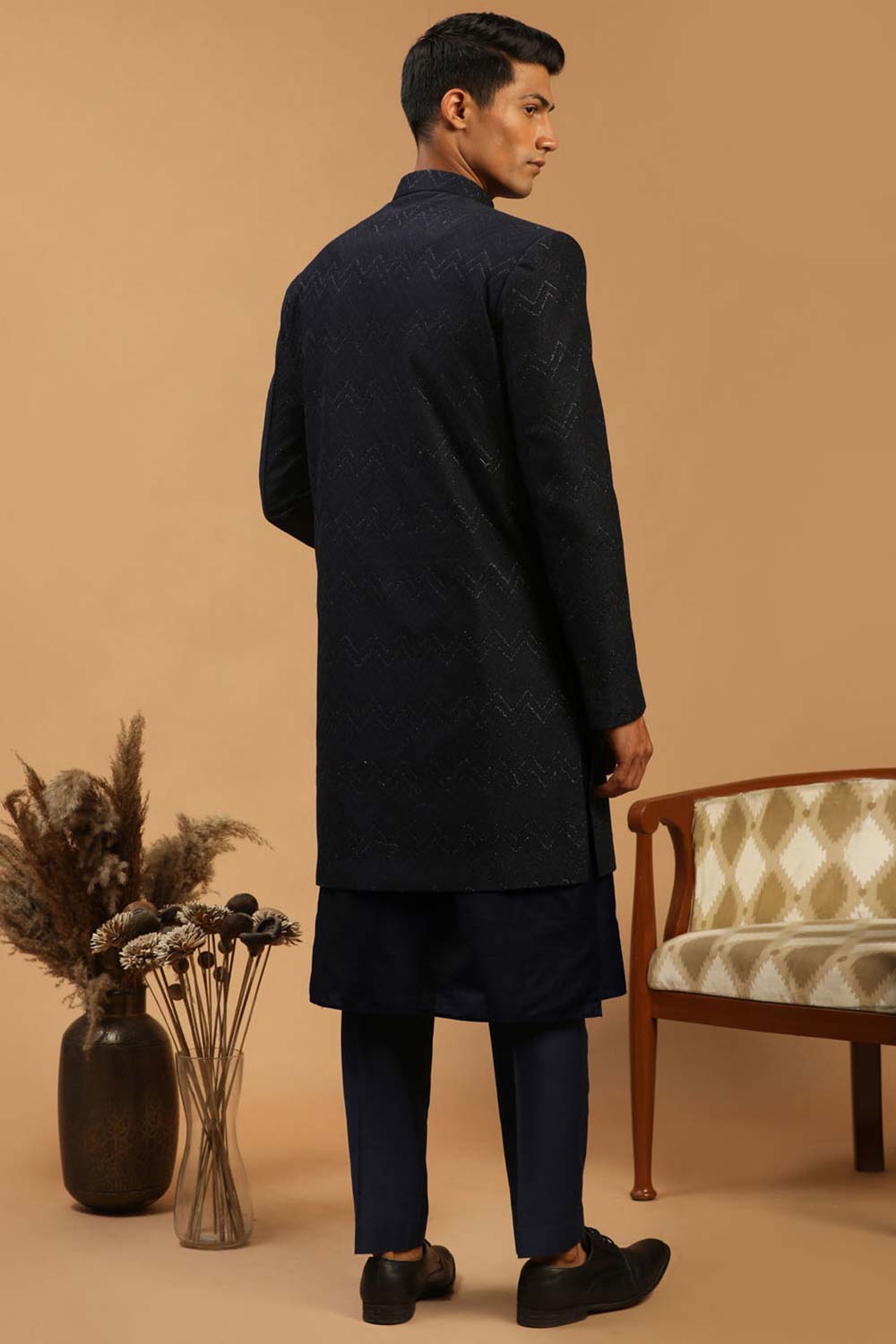 Buy Men's Navy Blue Viscose Self Woven Design Sherwani Set Online - Front