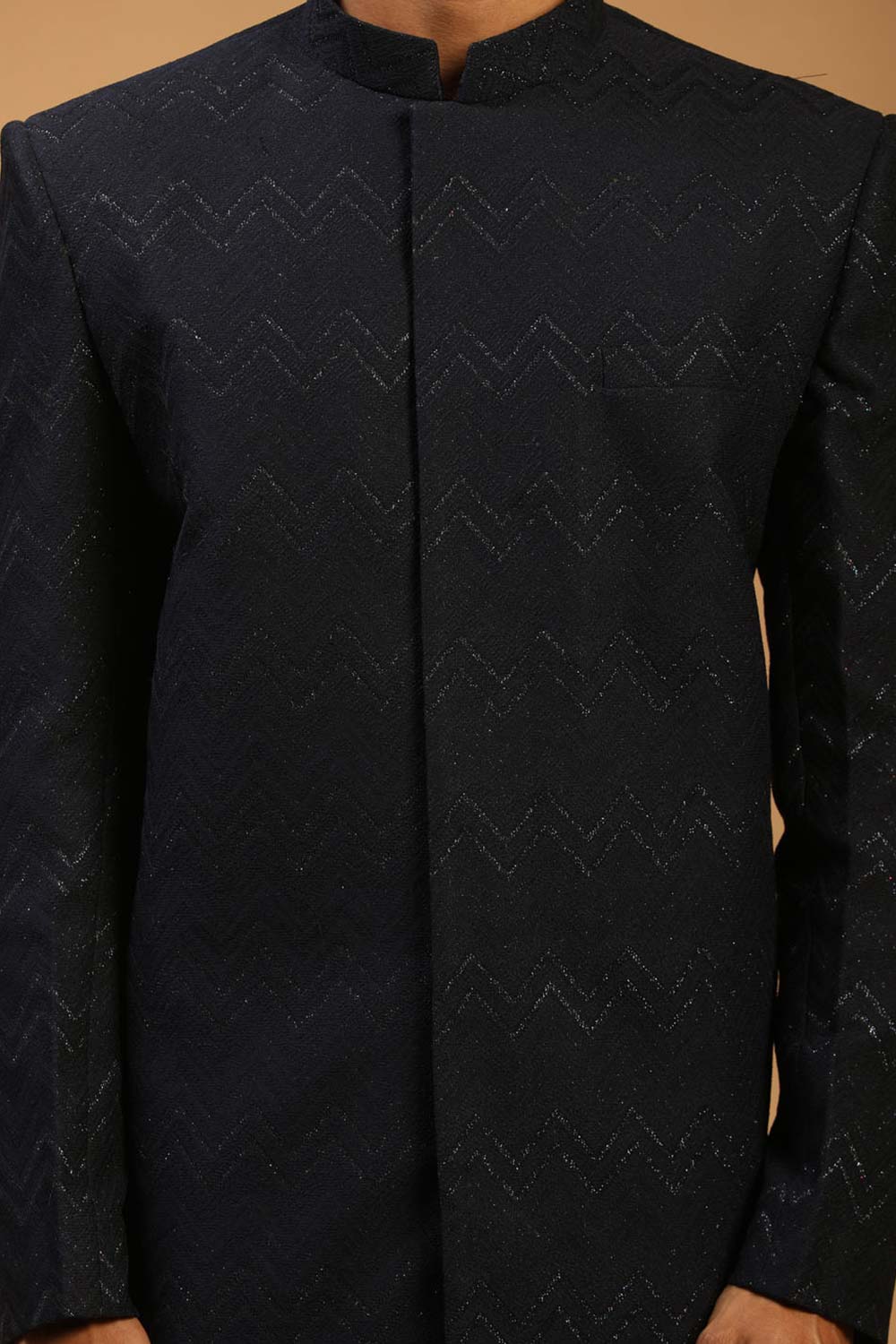 Buy Men's Navy Blue Viscose Self Woven Design Sherwani Set Online - Side