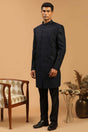 Buy Men's Navy Blue And Black Silk Blend Self Woven Design Sherwani Set Online