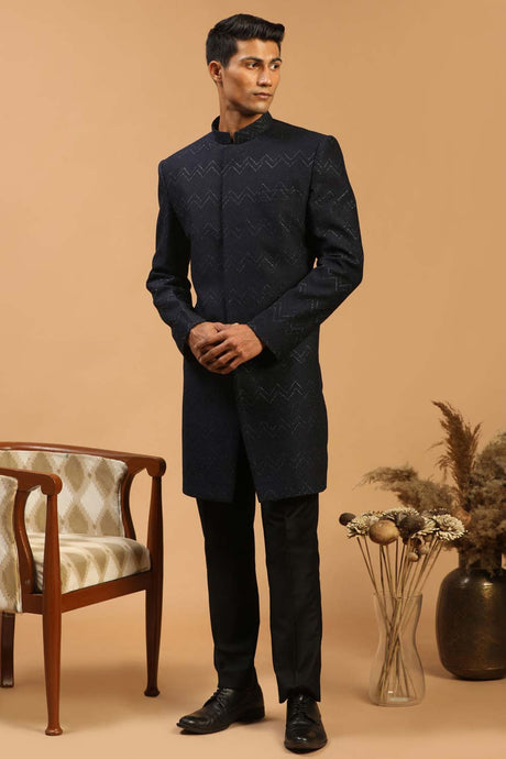 Buy Men's Navy Blue And Black Silk Blend Self Woven Design Sherwani Set Online - Back