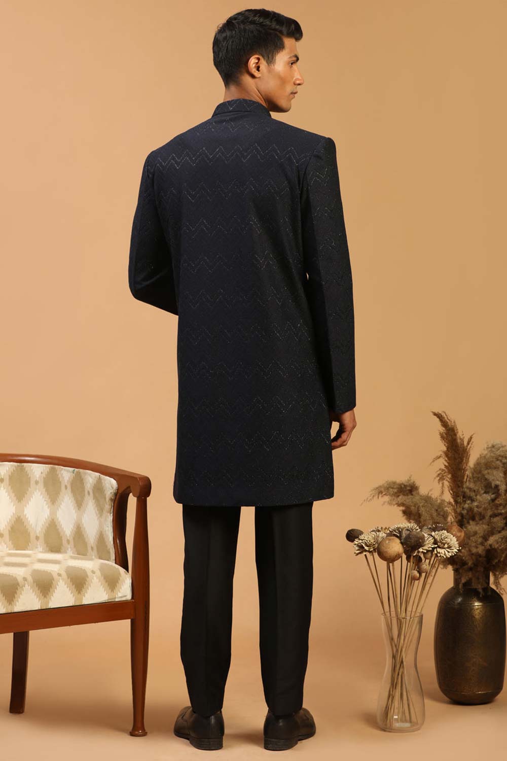 Buy Men's Navy Blue And Black Silk Blend Self Woven Design Sherwani Set Online - Front